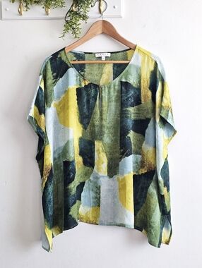 Chaus New York Abstract Print Blouse Green Yellow Lightweight Top L